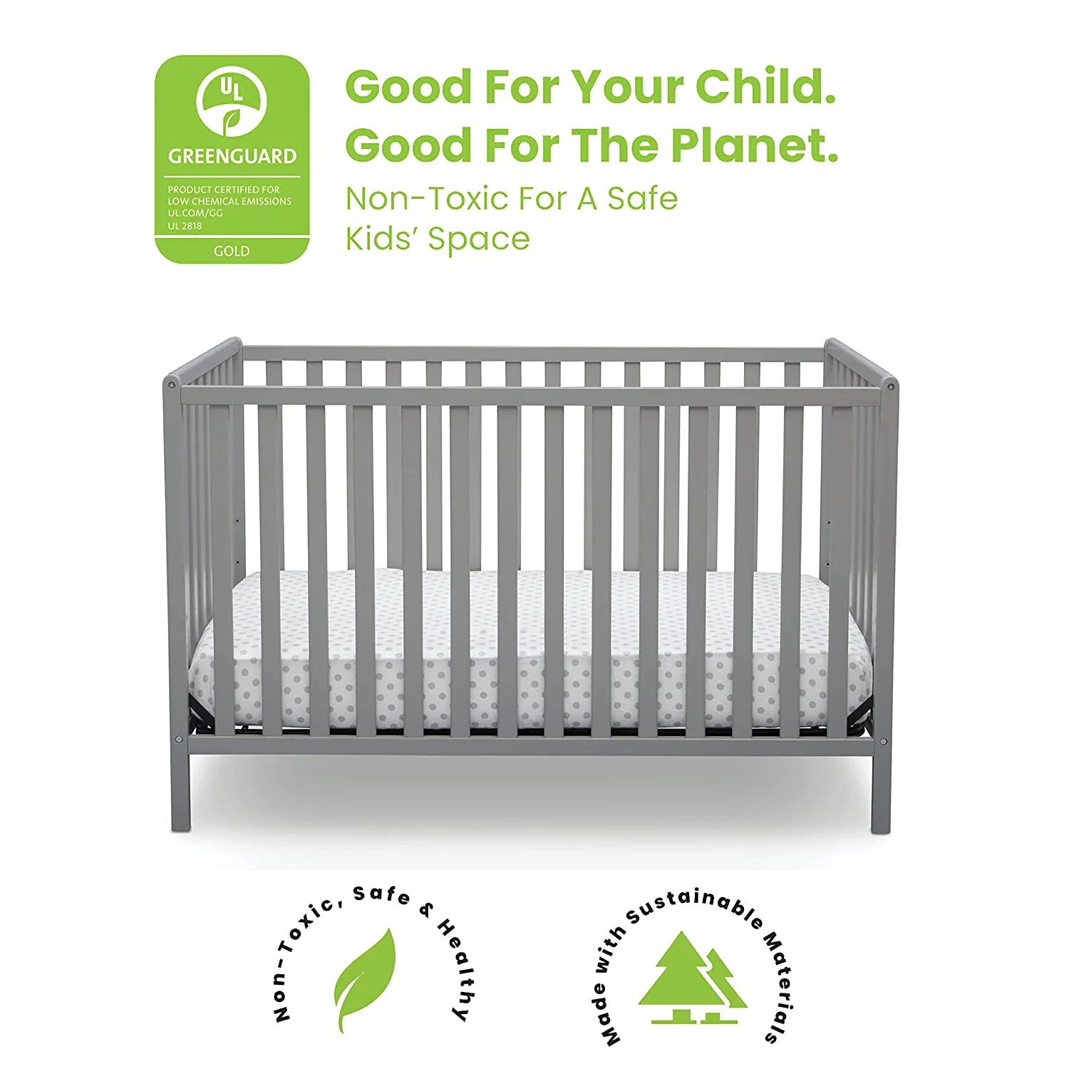Delta Children Heartland 4-in-1 Convertible Crib - Greenguard Gold Certified, Grey 4-in-1 Crib Grey