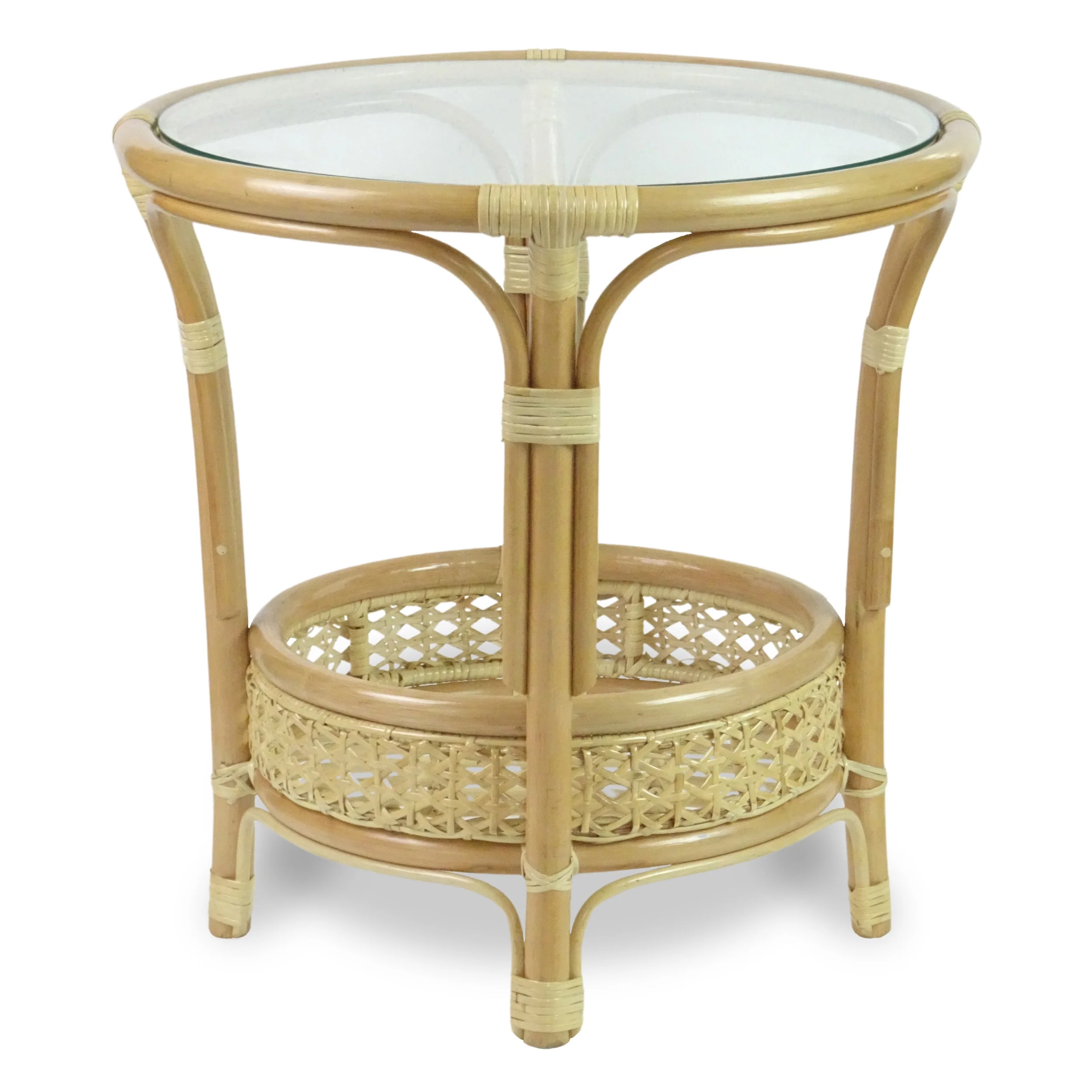 Pelangi Coffee Round Table Natural Rattan Wicker with Glass Top Handmade, Natural