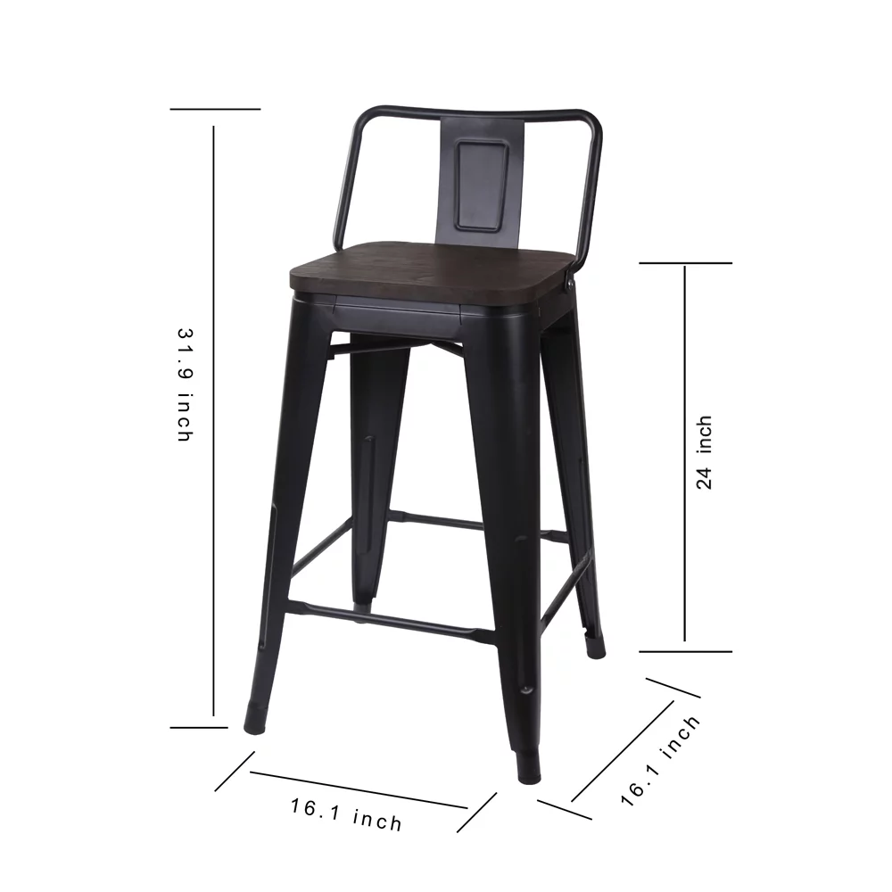 Leejay Black 24 inch Low Back Counter Height Metal Barstool with Dark Wood Seat, Set of 6