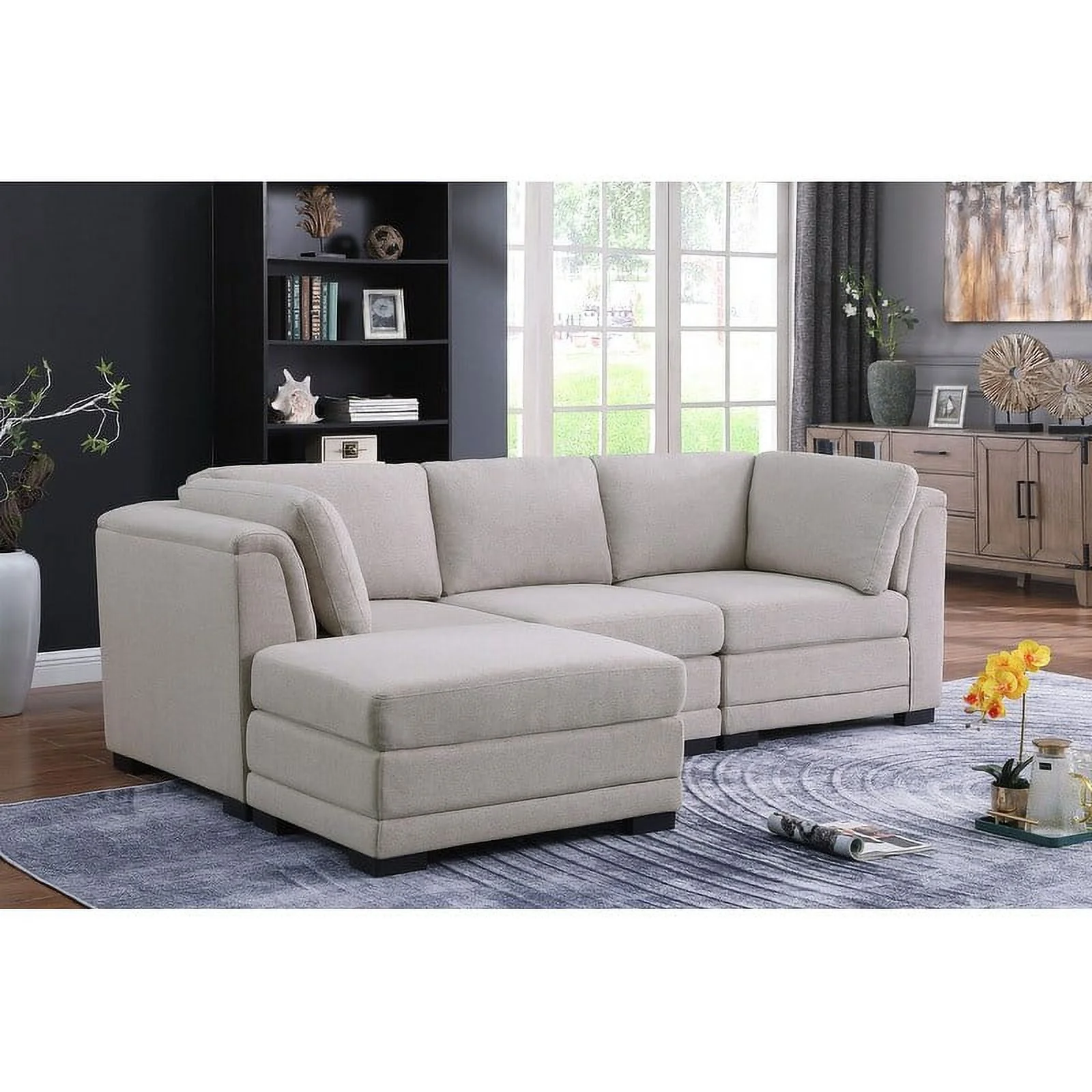 Kristin Light Gray Linen Fabric Reversible Sectional Sofa with Ottoman