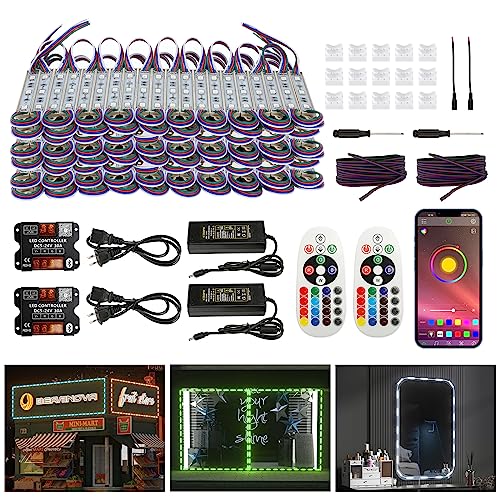 BEAMNOVA 100Ft RGB LED Strip Lights Kit, Remote, Bluetooth Mobile App Control, DC 12V Power Supply, IP65 Waterproof Adhesive Commercial Storefront Light Modules, SMD 5050 Beads