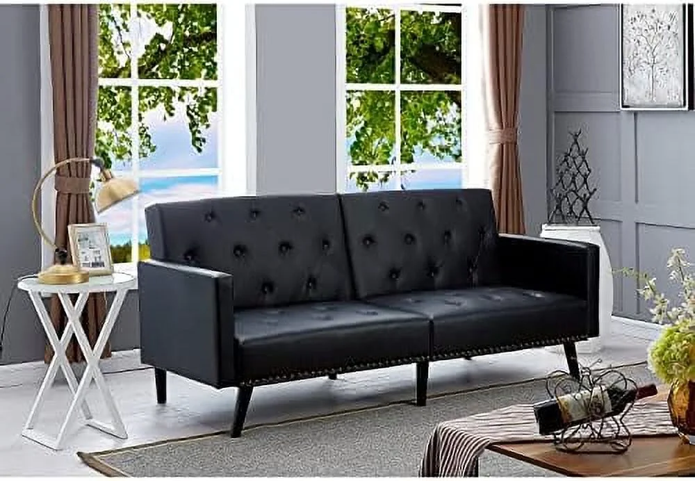 HOOMHIBIU Black Futon Sofa Bed  Faux Leather Futon Couch  Black Sofa Bed Couch with Metal Legs  Pull Out Sofa Bed  Reclining Small Couch Bed  Folding Small Couch for Living Room
