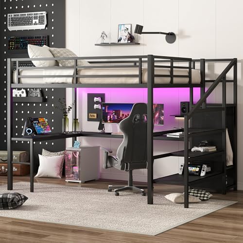 SOFTSEA Queen Size Loft Bed with L-Shaped Desk, Wardrobe, Metal Loft Bed with LED Lights and USB Ports, Space Saving Bed Frame with Storage Stairs, Noise Free, Black