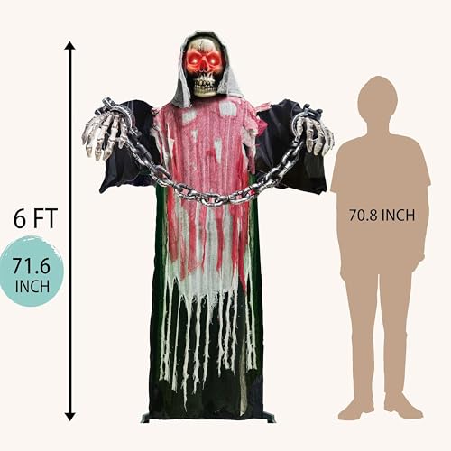 Halloween Decorations Outdoor, 6 Ft Large Animated Grim Reaper with Big Chain,Sound & Touch Activated with Creepy Sound - Scary Props House Decor for Garden Yard Lawn Indoor Decoration Animatronics