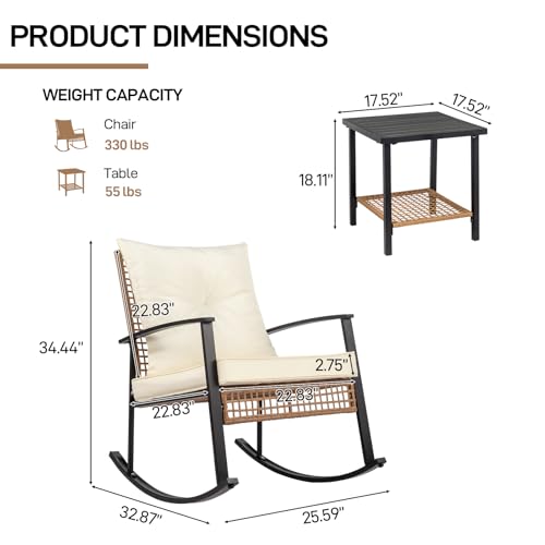 Outvita 3-Piece Outdoor Rocking Bistro Set, Patio Furniture Set w/Soft Thick Cushions & 2-Tier Coffee Table, Rattan Conversation Wicker Rocking Chairs for Garden, Balcony, Backyard, Poolside