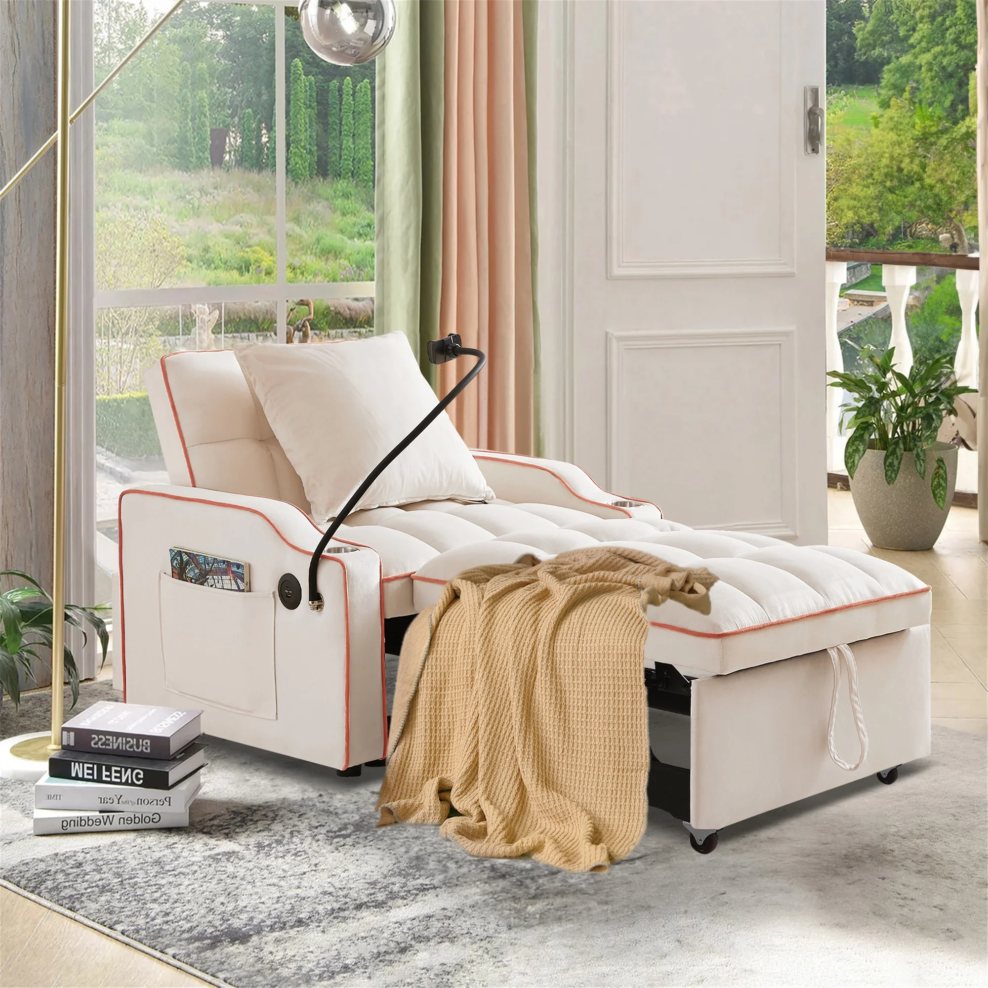 Aukfa Sleeper Chair Bed, Convertible Pull Out Sofa Bed with USB Port, Cup Holders and Swivel Phone Holder, Beige