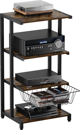 Media Stand with Two Detachable Baskets, 4-Tier AV Media Stand Corner Shelf for DVD Players/Cable Boxes/Games Consoles, Audio Storage Rack for Living Room, Gaming Room, Music Studio, Black
