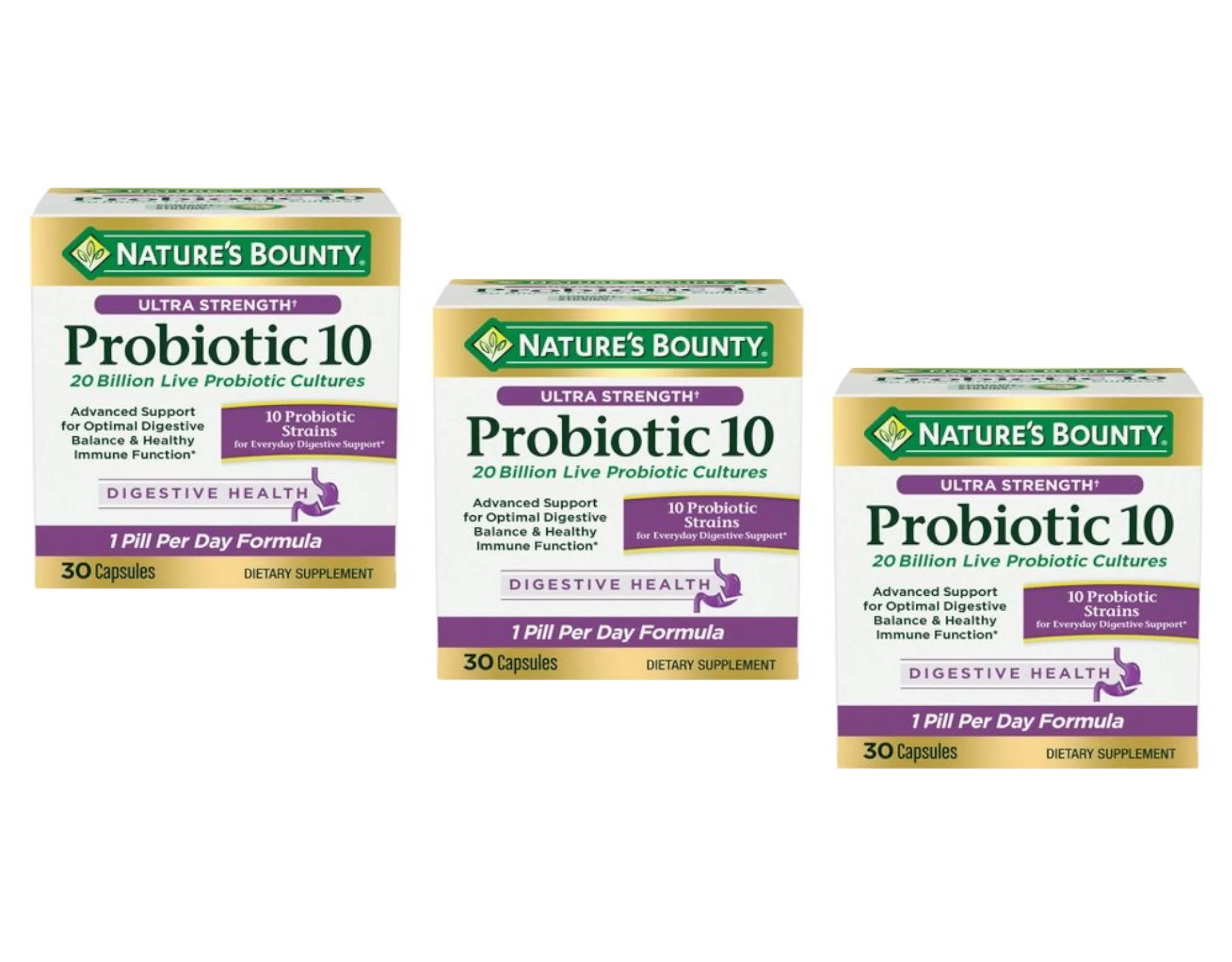 Nature's Bounty Ultra Strength Probiotic 10 Capsules for Digestive Health, 30 Count - Pack of 3