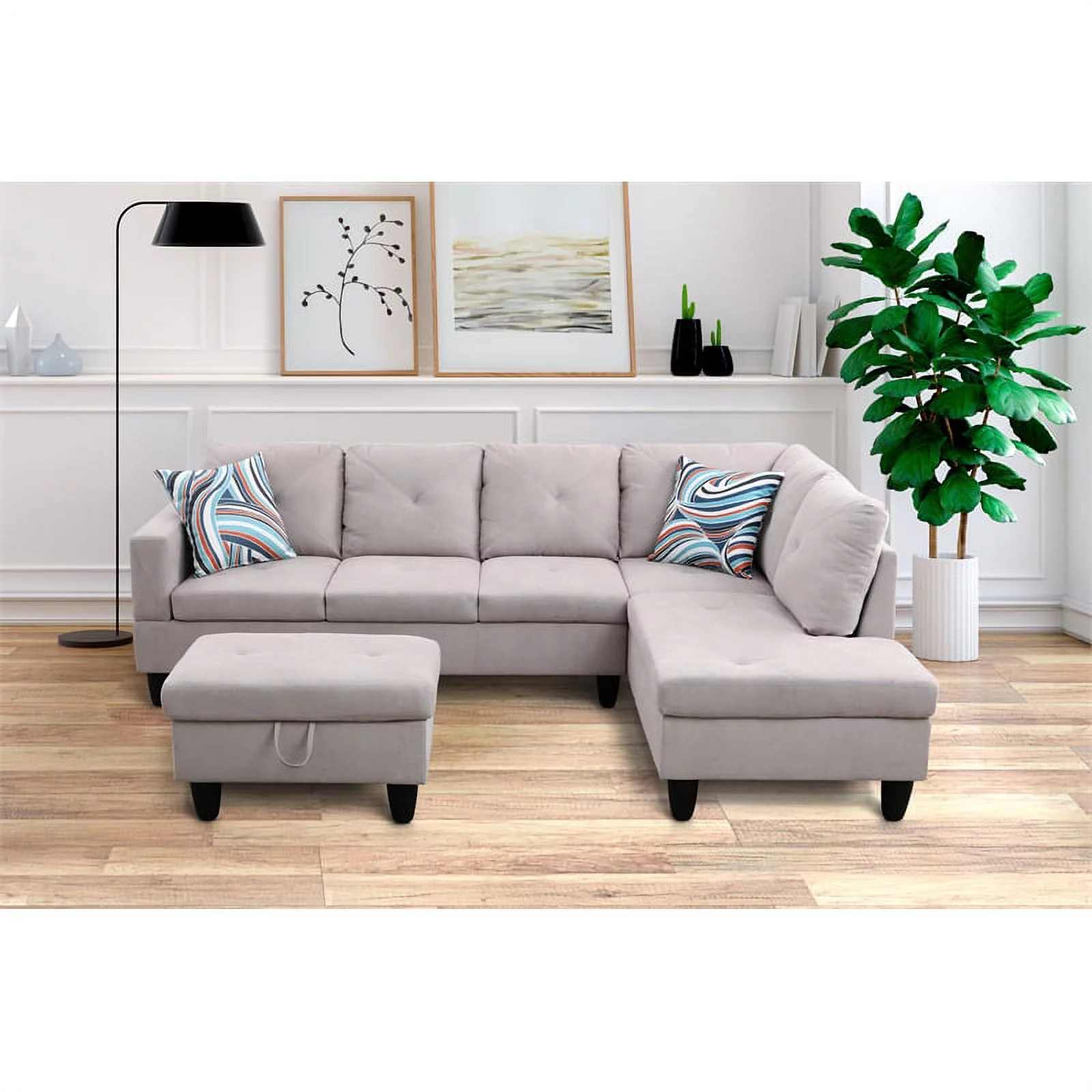 Pemberly Row L Shaped Gray Couch w/ Storage Ottoman(Pillows Included) Microfiber