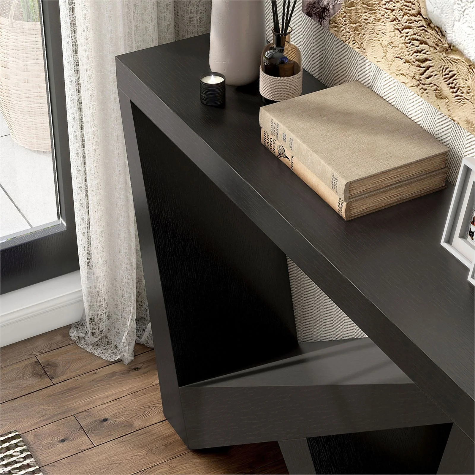 Bowery Hill Wood W-Shaped Legs Console Table in Black Finish