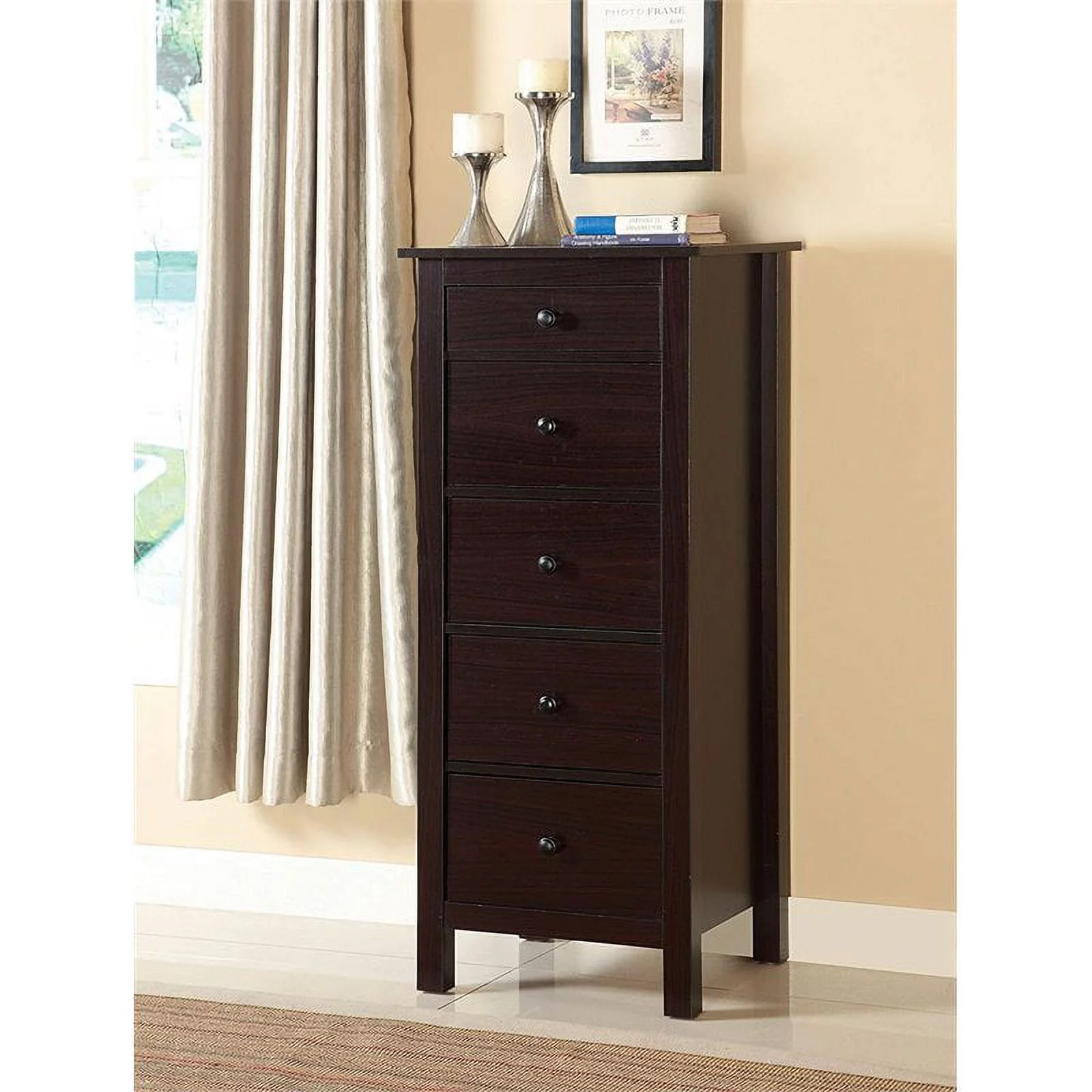 Bowery Hill Transitional 5 Drawer Lingerie Dresser Chest in Espresso Brown