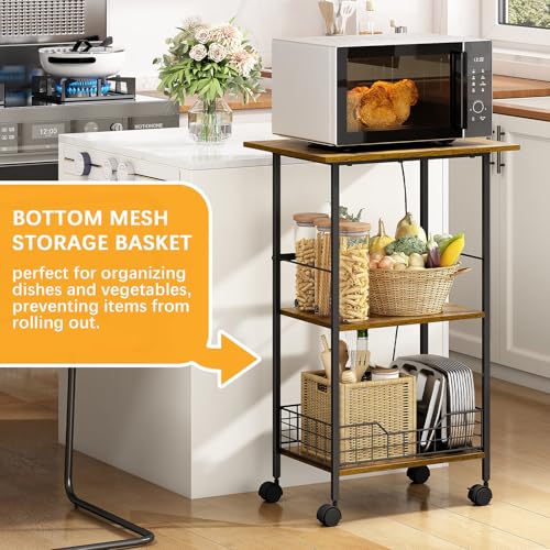 Microwave Cart with Storage, 3-Tier Rolling Kitchen Stand with Wire Basket, Wood and Metal Utility Cart on Wheels, Coffee Bar Station, Small Baker’s Rack As Kitchen Island, Microwave Shelf Organizer