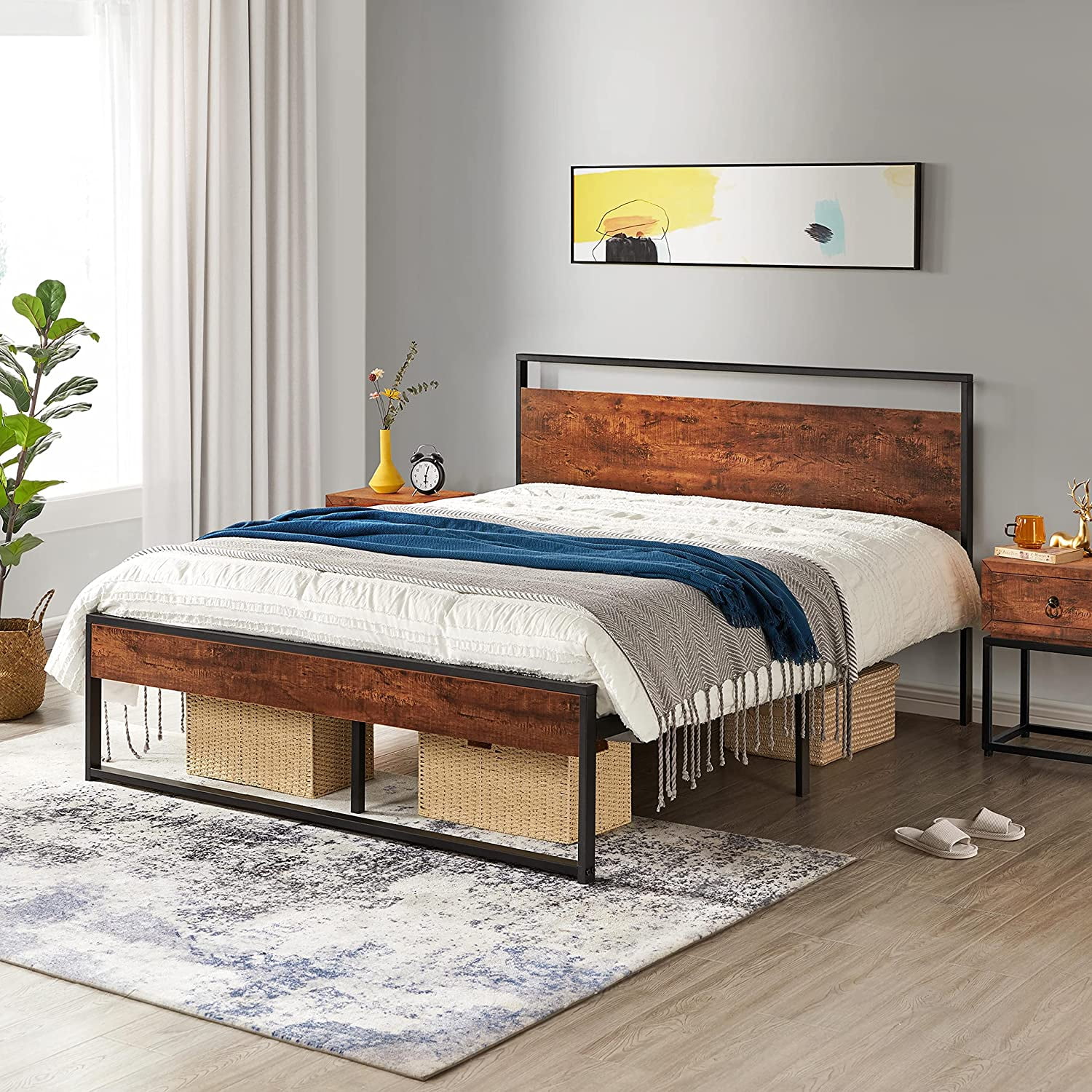 Queen Metal Platform Bed Frame with Rustic Wooden Headboard and Footboard, S Foundation/No Box Spring Needed/12 Inch Underbed Storage/Slats Support/No Noise/Easy Assembly, Mahogany