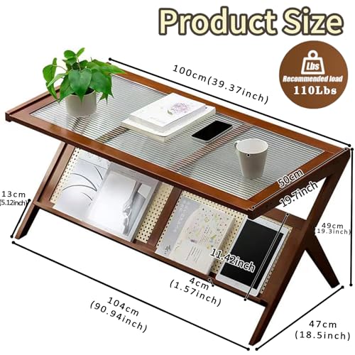 Rattan Coffee Table,Mid Century Modern Coffee Table with Tempered Glass Tabletop,BambooTable with Glass Top with Storage for Dining Room,Living Room,Home Decoration (Brown)