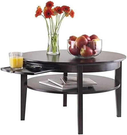 Round Coffee Table With Pull Out Tray In Dark Espresso