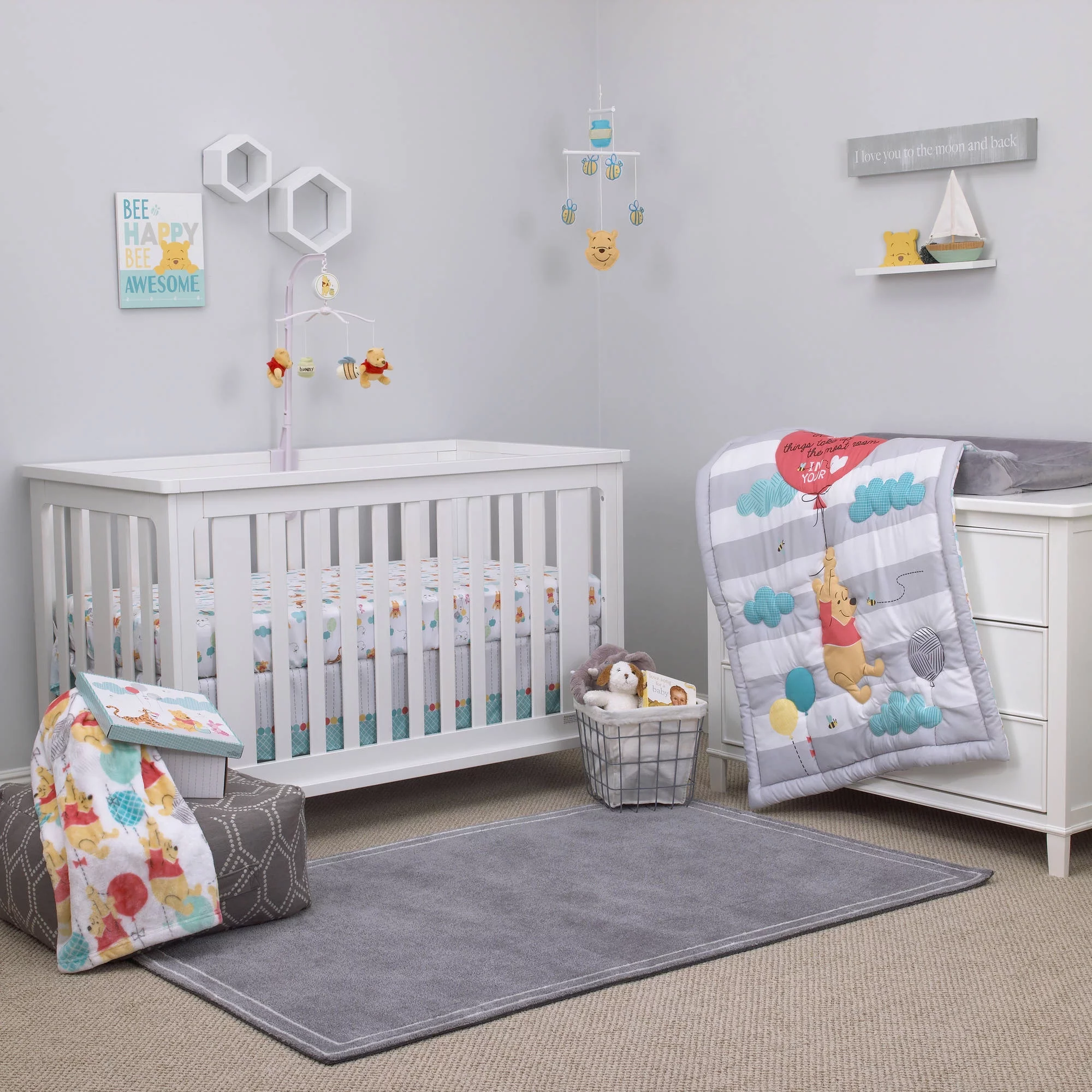Disney Winnie the Pooh 4-Piece Crib Bedding Set, Gray, Red, Blue, Best Friends