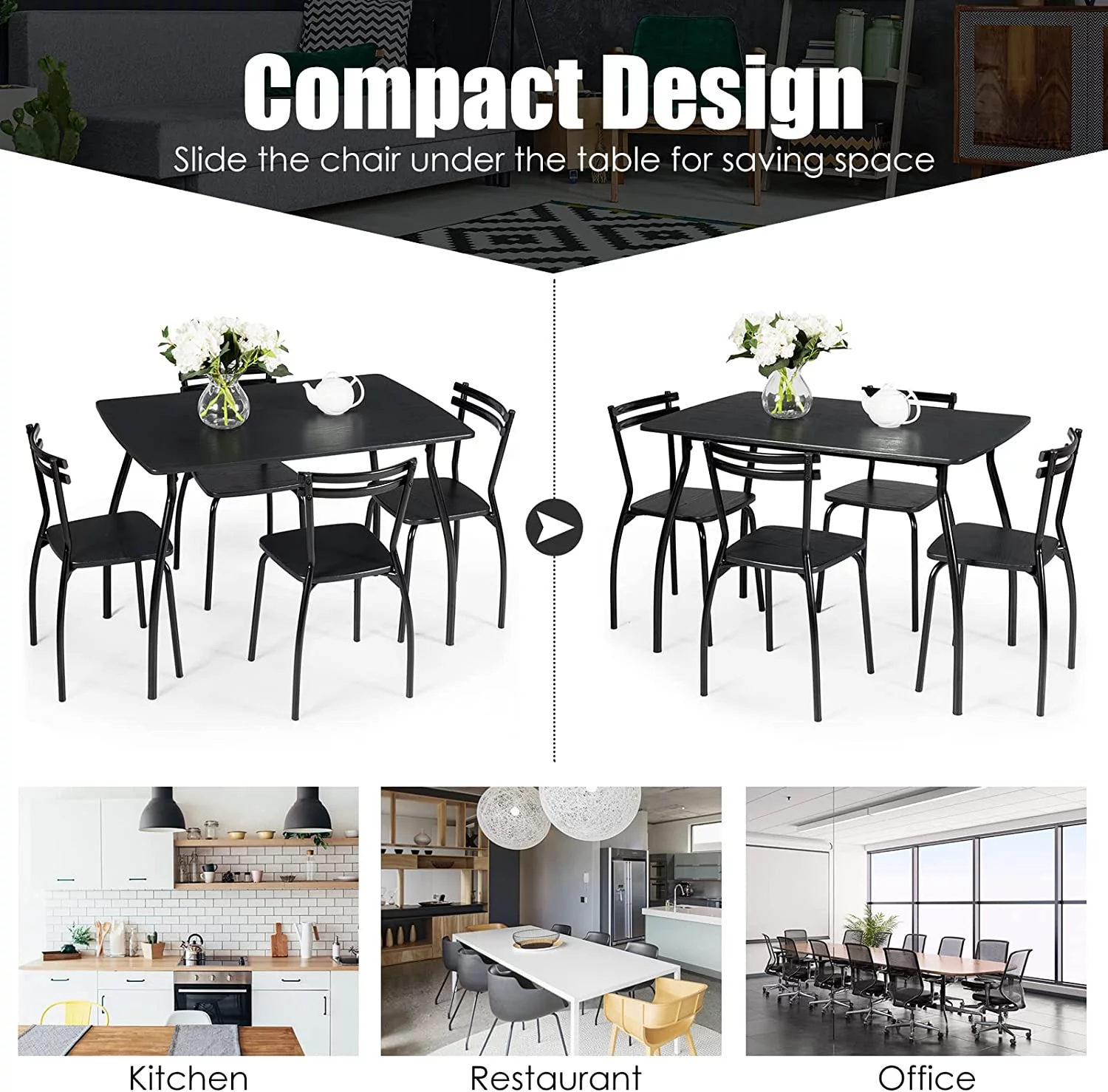 TJUNBOLIFE 5 Piece Kitchen Dining Room Table Set for 4  Small Table and 4 Chairs for Apartment Home Kitchen  Black