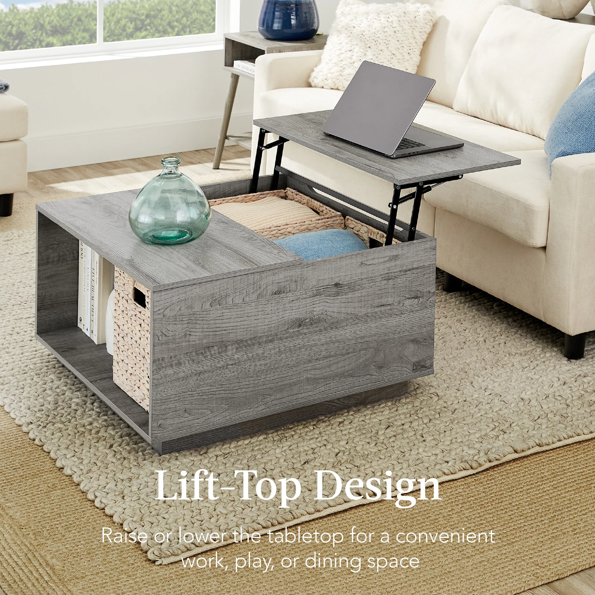 Best Choice Products Square Rustic Modern Lift Top Coffee Table w/ Cubby, Non-Scratch Pads - Gray