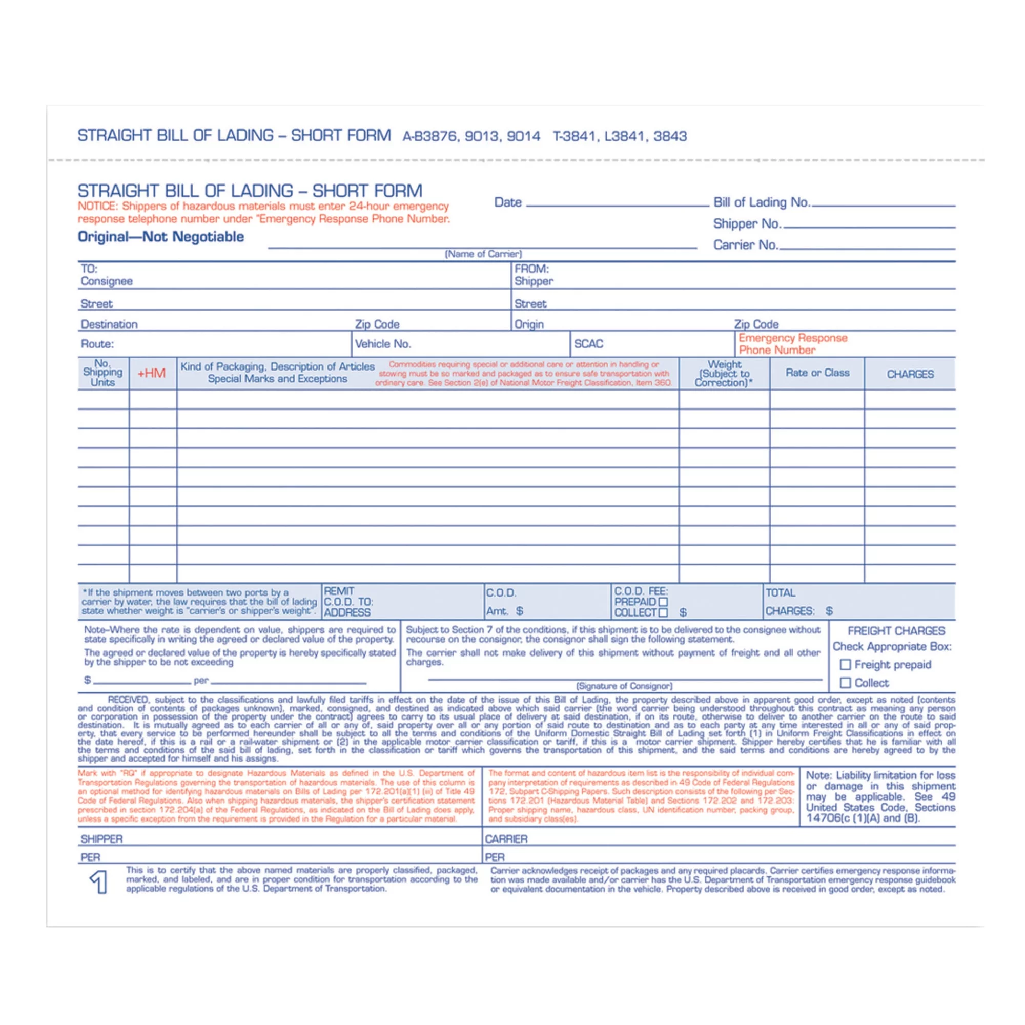 Adams 3-Part Carbonless Bill of Lading Pack 8.5