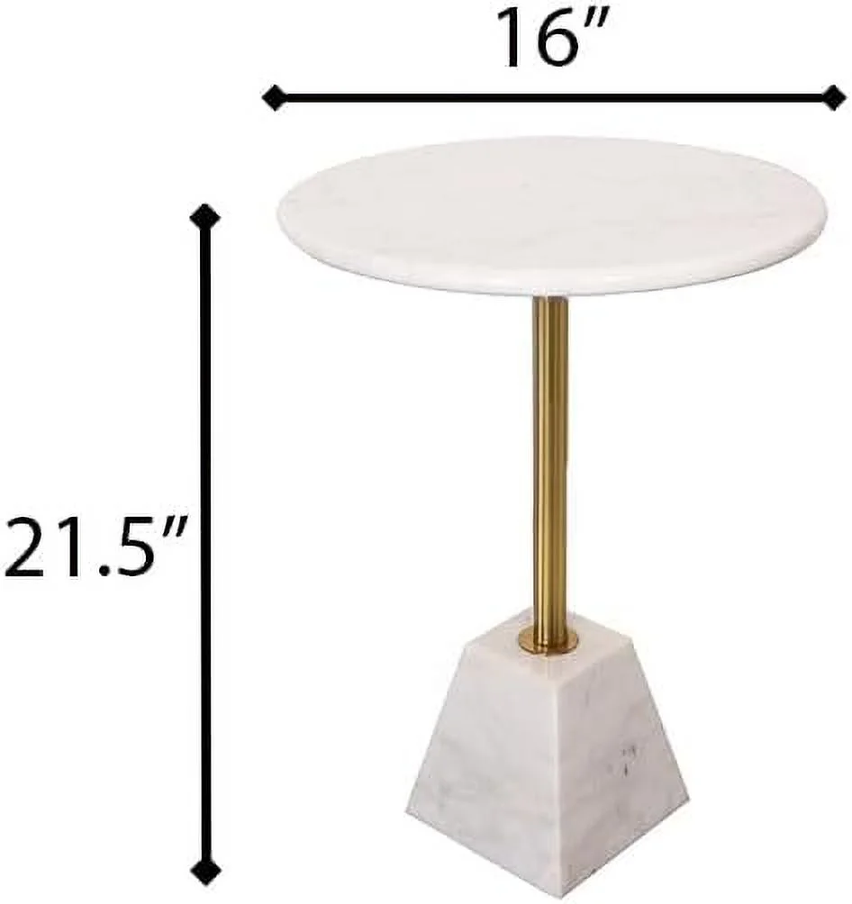 First of a Kind Angela Marble Pedestal Poke Side Table in White With Metal Base