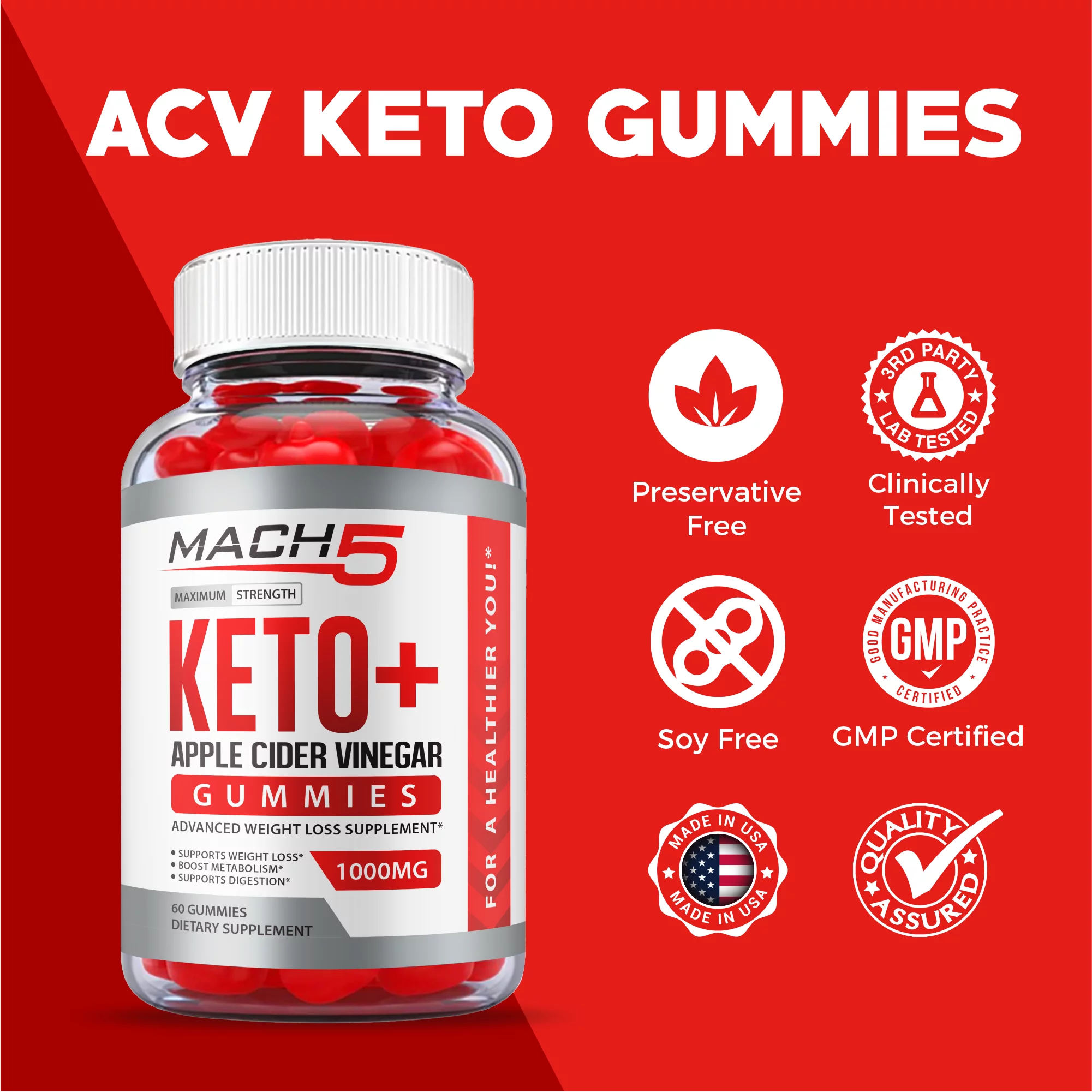 (2 Pack) Mach5 ACV Keto Gummies Apple Cider Vinegar Vegan 120 Gummies