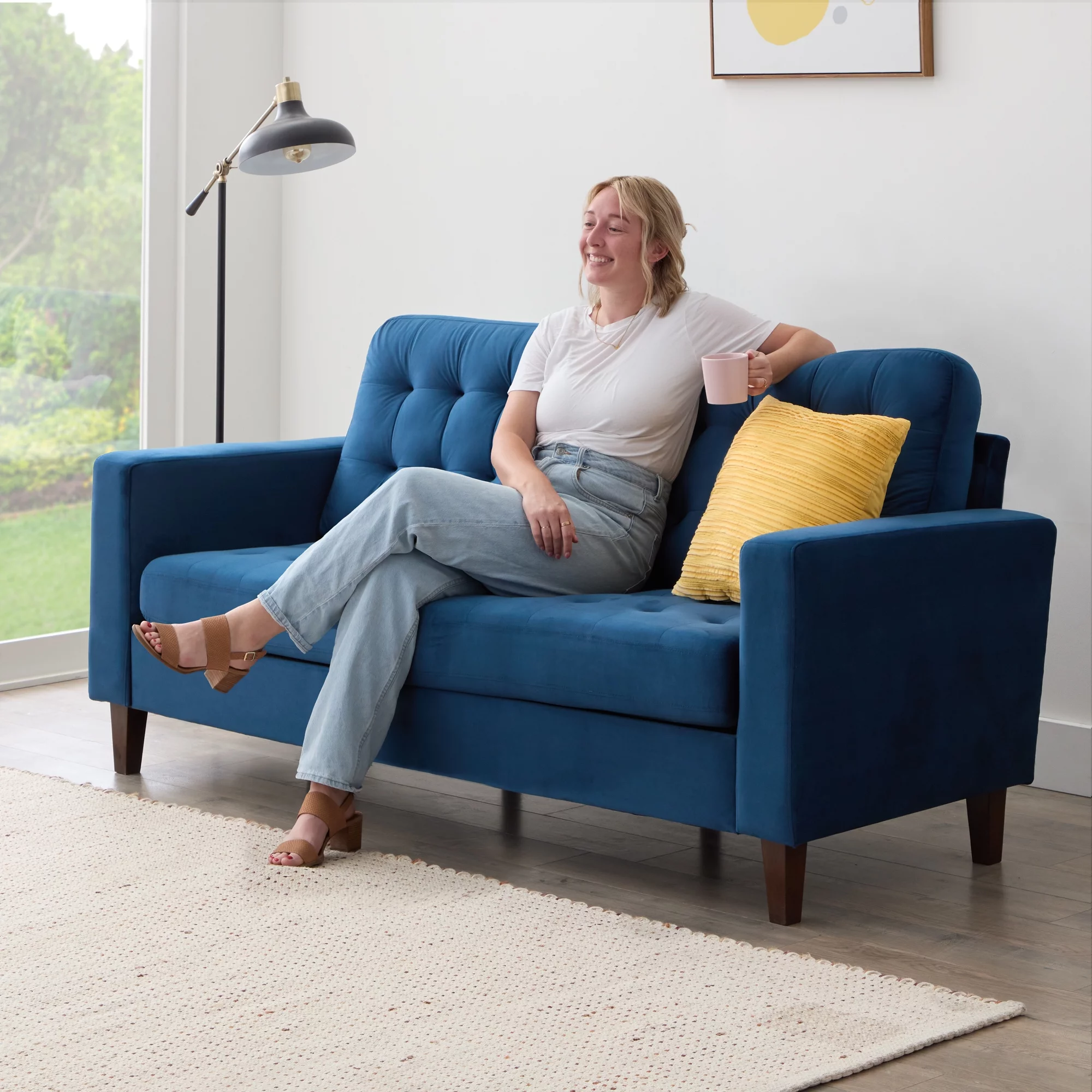 Mayview Carraway Upholstered Sofa with Tufting, Navy Velvet