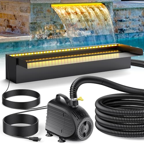 POPOSOAP Pond Waterfall with Pump Kit, 304 Stainless Steel Waterfall Spillway with 40W 660GPH Pump, Pond Spillway with 9.8FT Corrugated Tubing for Garden (12inch)