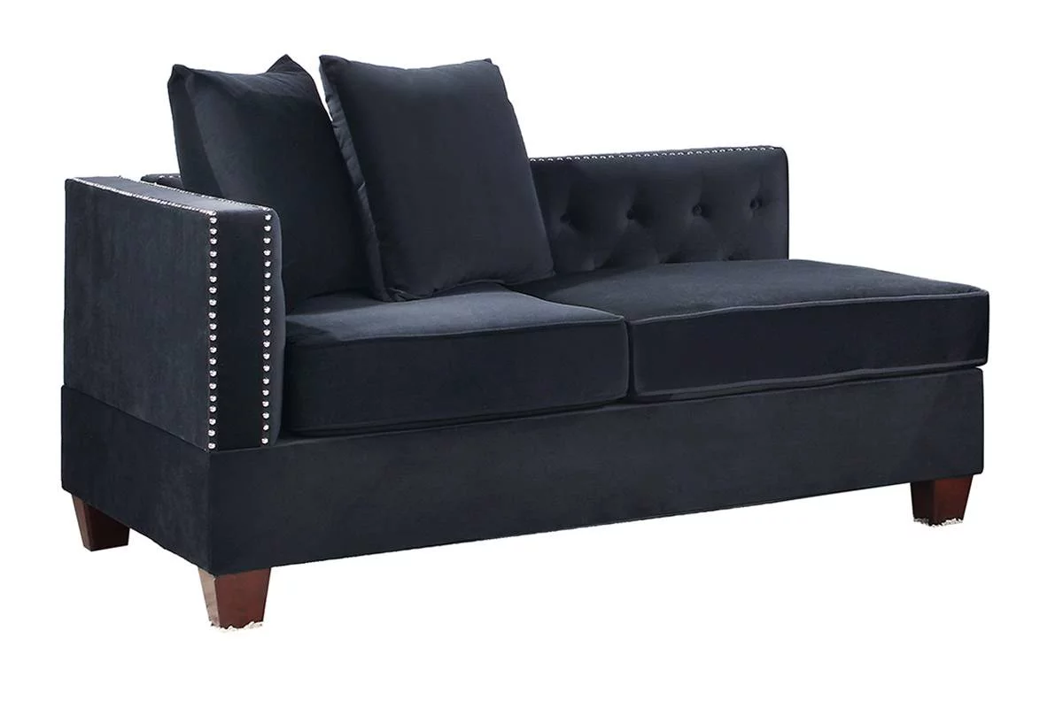 Black Velvet Fabric U-Sectional 4pc Set Reversible L/R Chaise / Loveseats Ottoman Tufted Cushion Couch Pillows Living Room