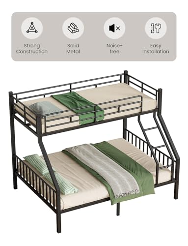 Full Over Full Bunk Bed with Trundle, Heavy Duty Metal Bed Frame with Full-Length Guardrails & Ladder, 3-in-1 Convertible Full Bunk Bed, Noise-Free, No Box Spring Needed, Black