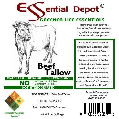 Beef Tallow - 7 lbs - Grass Fed - Non-GMO - Food Grade - Free from Lactose-Gluten-Glutamate-BSE - microwavable PP container, lock tab, resealable lid, removeable re-attachable handle