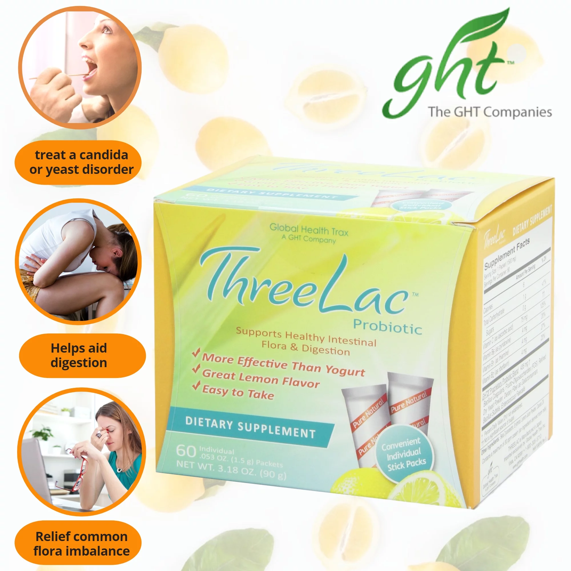 Threelac Probiotic Dietary Supplement, Natural Lemon Flavor, Includes (60) .053oz Packets