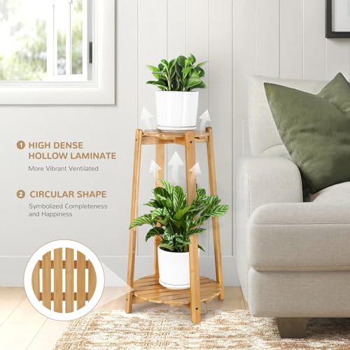 2 Tier Round Bamboo Plant Stands Shelves Indoor 12 Inch,Corner Flower Pot Stands Shelf, Wooden Tall Plant Pedestal Holder Rack for Succulent Catus Display in Living Room Patio Balcony Outdoor