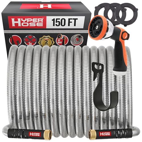Best 100 ft Metal Garden Hose Set - No-Kink Durable 316 Stainless Steel, 10-Way Zync Spray Nozzle & Hook – Tough Flexible Heavy Duty Water Hoses, Naval Brass, Rust, Weather, LeakProof