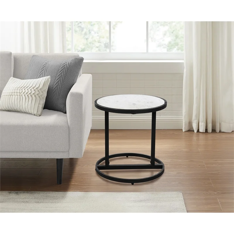 Beri Side End Table Round White Natural Marble Top Classic Slim Black Iron Frame
