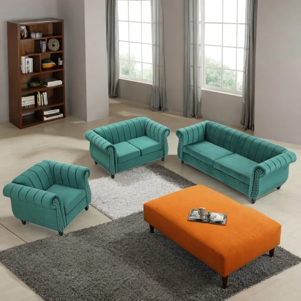 Modern Three-Piece Sofa Set with Solid Wood Legs, Buttoned Tufted backrest, Frosted Velvet upholstered Sofa Set Three-Seater Sofa, Double Seater and Living Room Furniture Set Single Chair (Green)