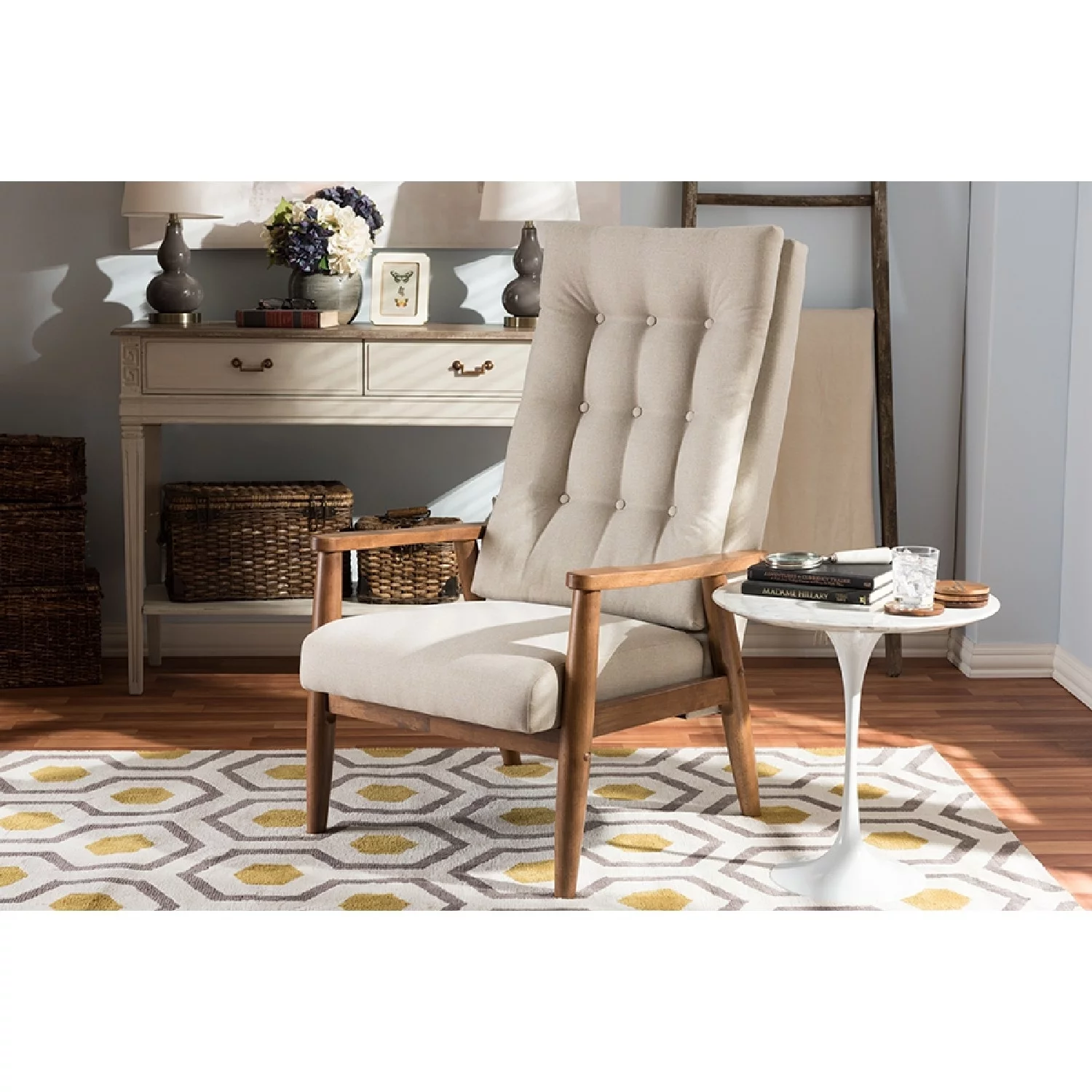 Baxton Studio Roxy Mid-Century Modern Walnut Brown Finish Wood and Light Beige Fabric Upholstered Button-Tufted