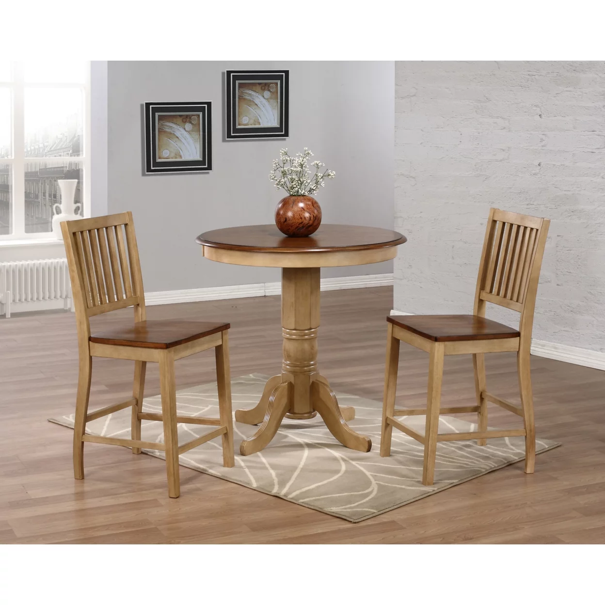 Brook 36 In. Round Distressed Two Tone Light Creamy Wheat And Warm Pecan Brown Wood Dining Table (Seats 4)