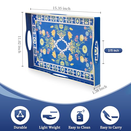 Gifturbo Blue Serving Tray,Decorative Serving Trays with Handles, Coffee Table Tray Ottoman Rectangular Plastic Tray for Living Room, Bathroom, 15.7” x 10.2” x1.37”