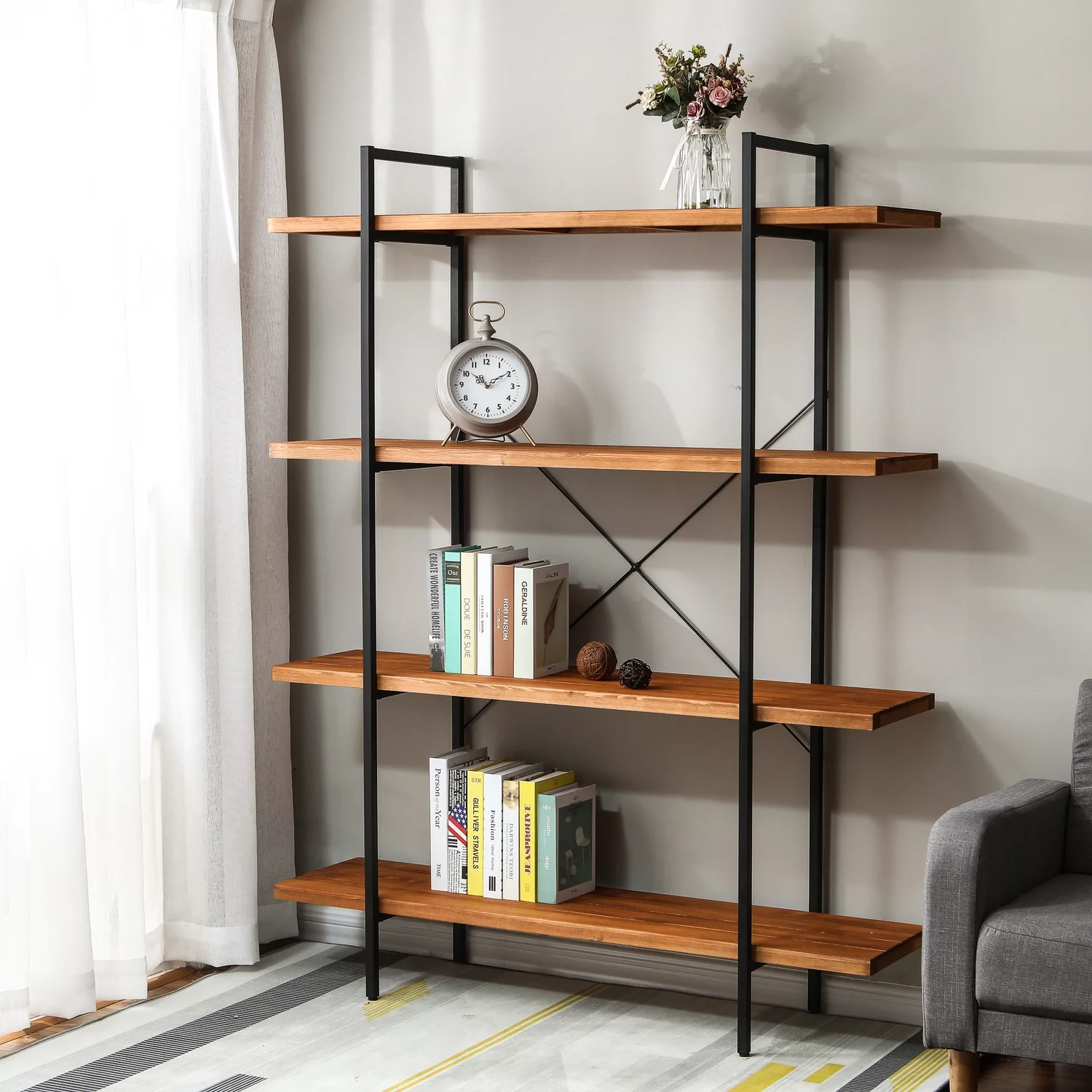LuxenHome Brown Wood Metal Frame 4-Shelf Bookcase