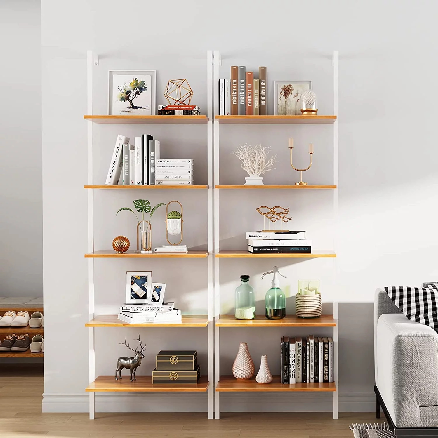KHBIULIFE Industrial Wall-Mounted Ladder   5-Tier Modern Bookshelf with Industrial Metal Frame  Bookcase Organize Plant Flower Display Stand for Kitchen  Living-Room  Bedroom  Office