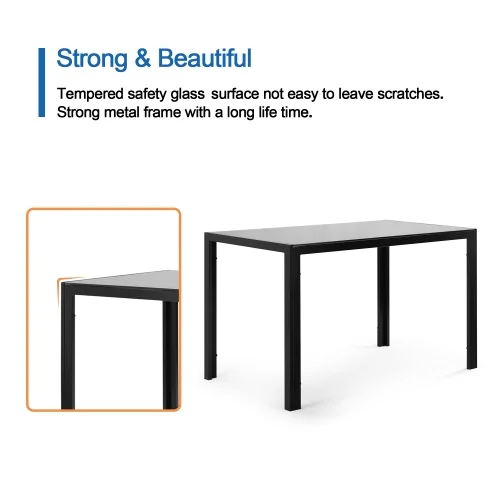 Rectangle Black Tempered Glass Dining Table 47.25''L x 27.56''W Modern Style Heavy-Duty Metal Legs