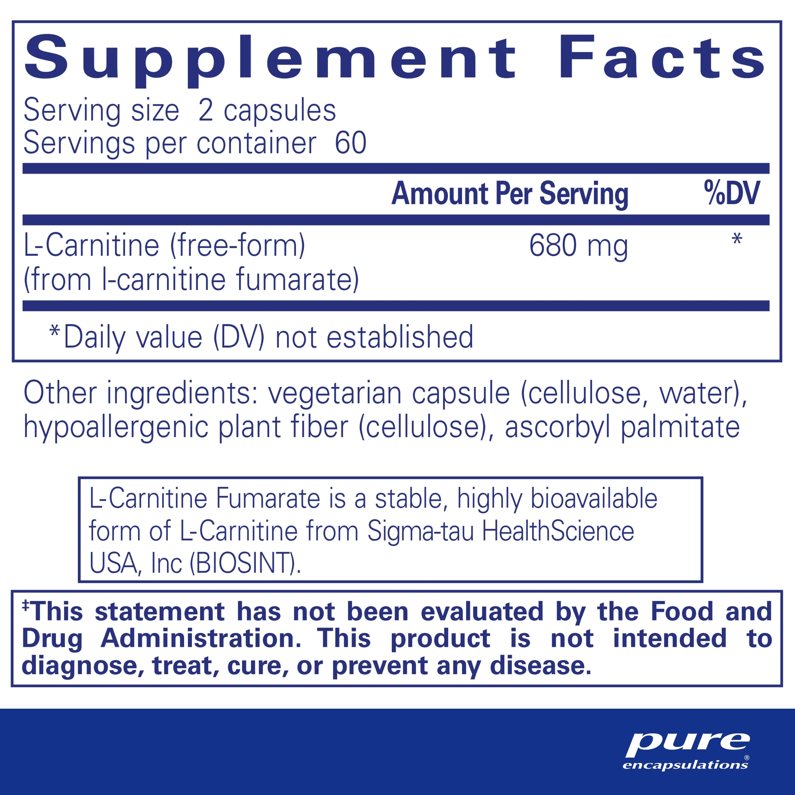 Pure Encapsulations L-Carnitine Fumarate | Hypoallergenic Supplement Support for Enhanced Muscle and Fat Metabolism | 120 Capsules