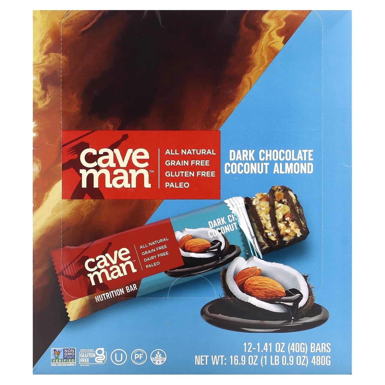 Caveman Foods Nutrition Bars Gluten Free Paleo Dark Chocolate Almond Coconut -- 12 Pack of 3