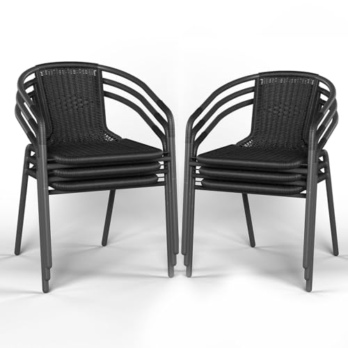 Amopatio Outdoor Dining Chairs Set of 6, Rattan Patio Chairs Wicker, Stackable Indoor-Outdoor Chair, Bistro, Deck, Yard, Porch, Restaurant Stack Chair, Black