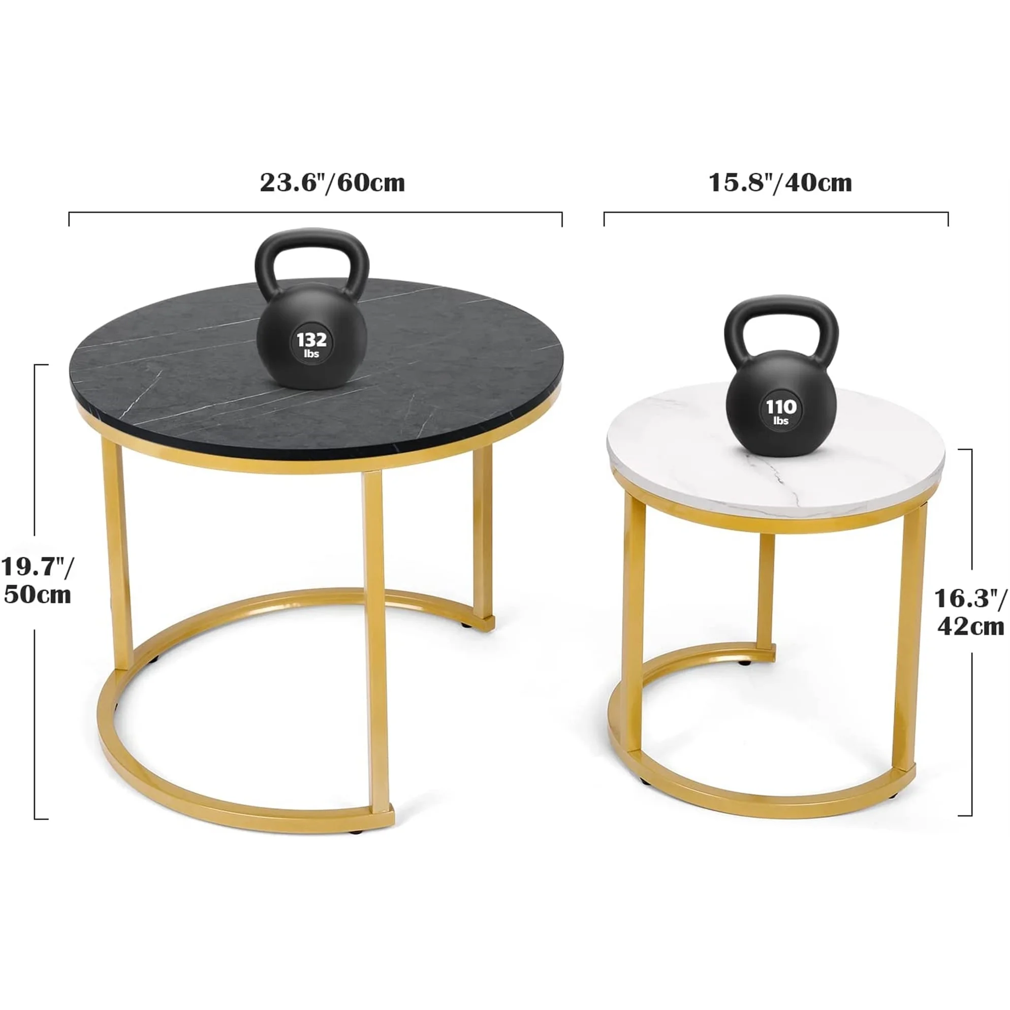 Modern Round Nesting Tables with Metal Frame (Set of 2) (White & Black)