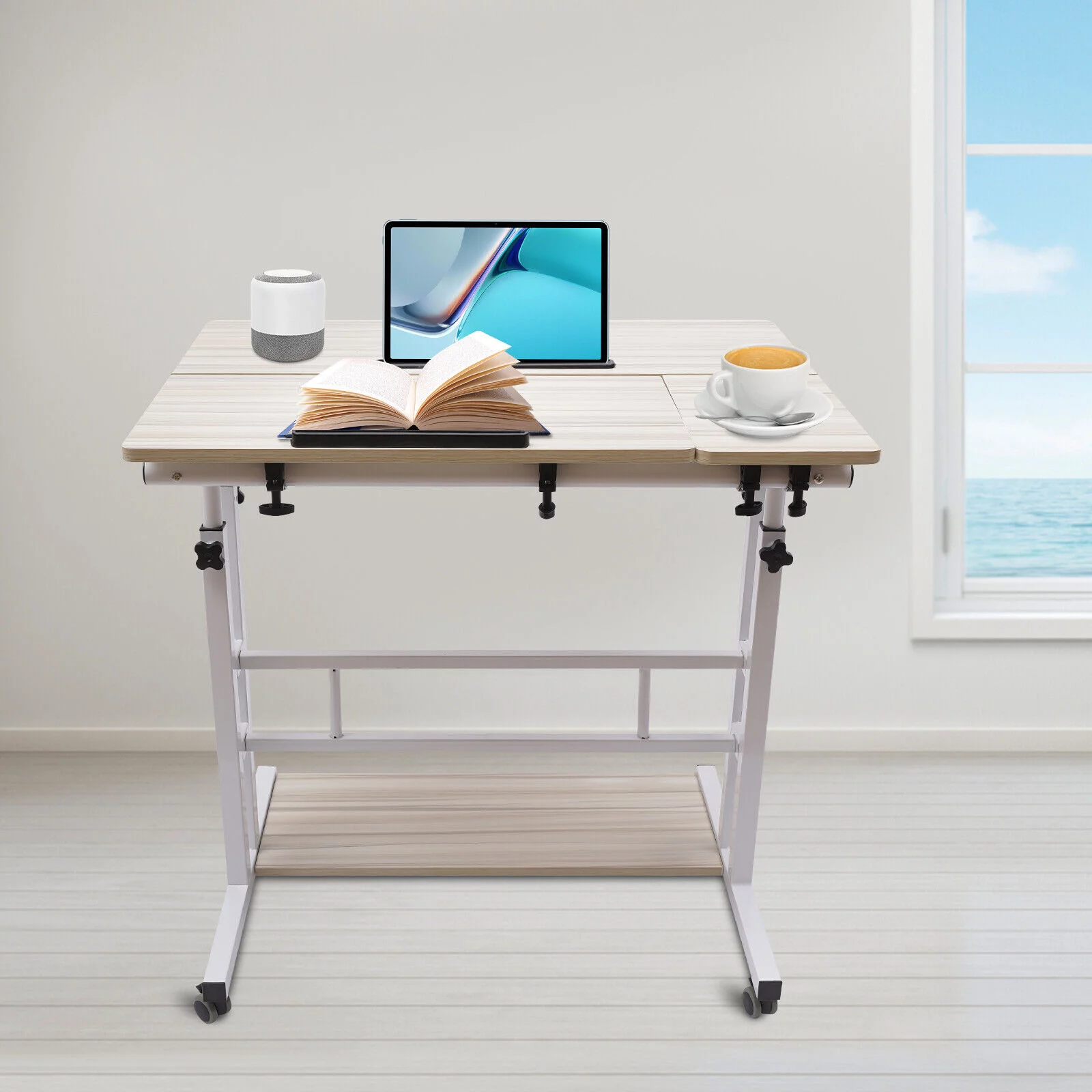 OUKANING Mobile Stand Up Desk Adjustable Laptop Desk Home Computer Table Office Table Laptop Cart With Wheels White