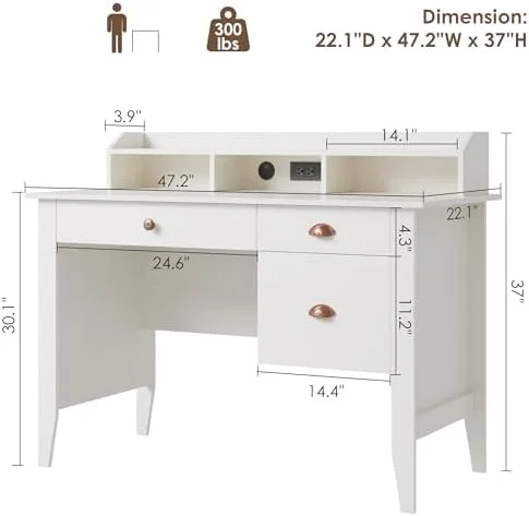 RUNFAYBIU Computer Desk with USB Charging Port and  Drawers  Writing Study Table with Hutch  and File Drawer  Executive Desk with 47" Wide Tabletop for Home Office Bedroom  Black