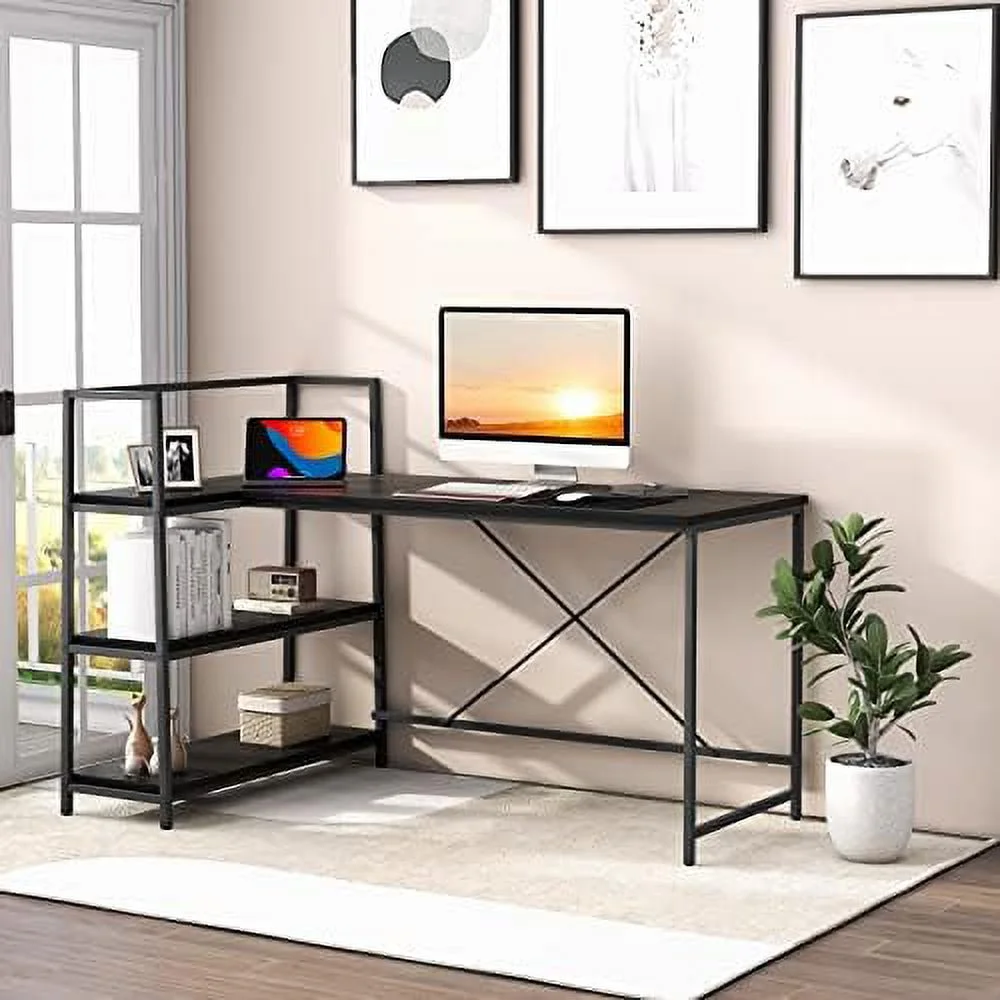 HOOMHIBIU Reversible L-Shaped Computer Desk  Space Saving Corner Desk with 3-Tier  Shelves & Metal Frame  Modern Executive Home Office Desk  PC Laptop Desk Workstation for Small Space