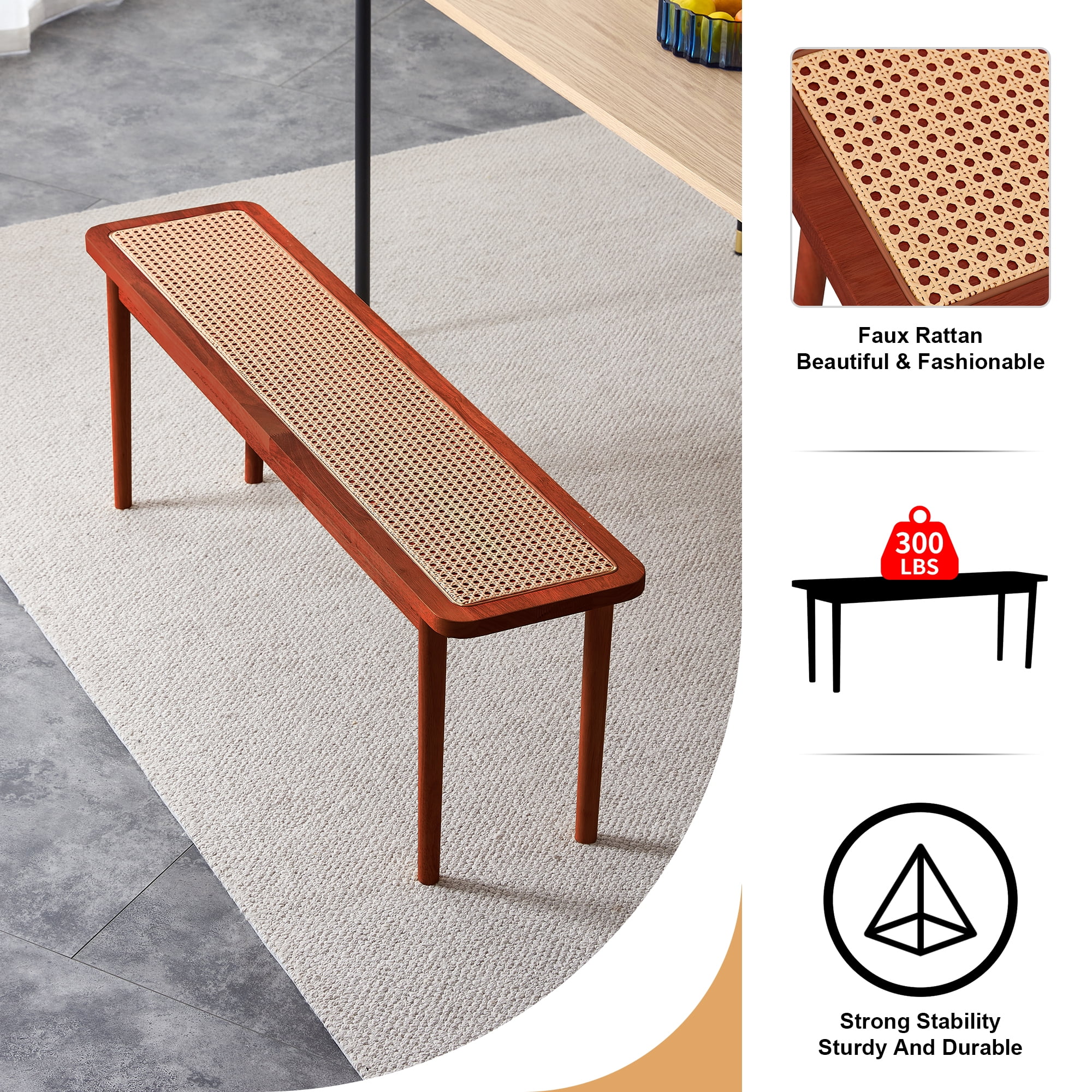 Ufurpie Solid Wood Bench with Rattan Woven,Dining Chair,Bed End Stool,Shoe Stool,Living Room,Dining Room,Hallway,Walnut