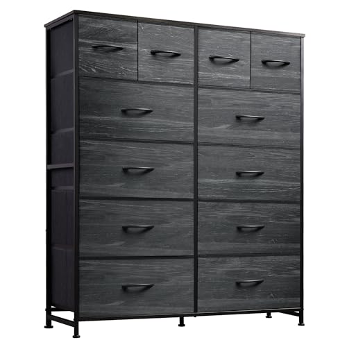 WLIVE Tall Dresser for Bedroom with 12 Drawers, Dressers & Chests of Drawers, Fabric Dresser for Bedroom, Closet, Fabric Storage Dressers with Storage Drawers, Wood Top, Charcoal Black